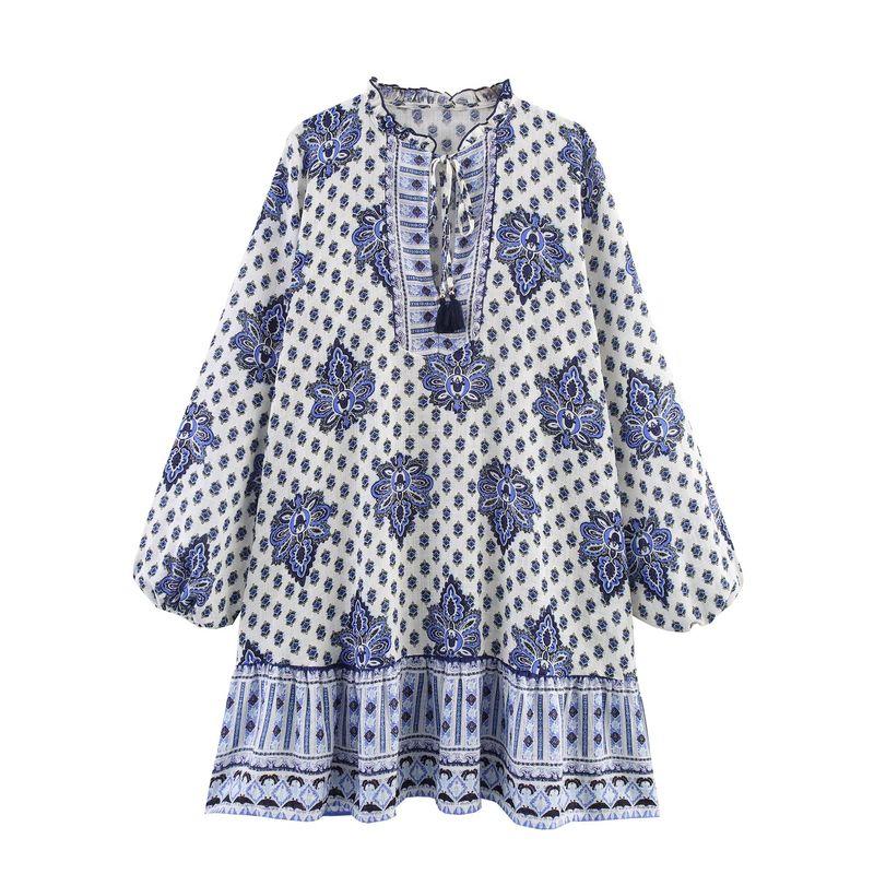 Zbzr Spring New Women Clothes Western Style Print Long Sleeve V-neck Elegant Mini Dress 5029105 080