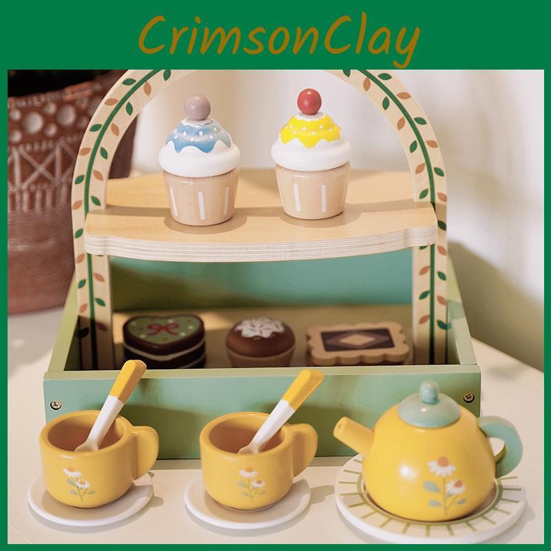 Layer Wooden Double Dessert Stand With Tea Set Cakes For Kids Growth Cognitive