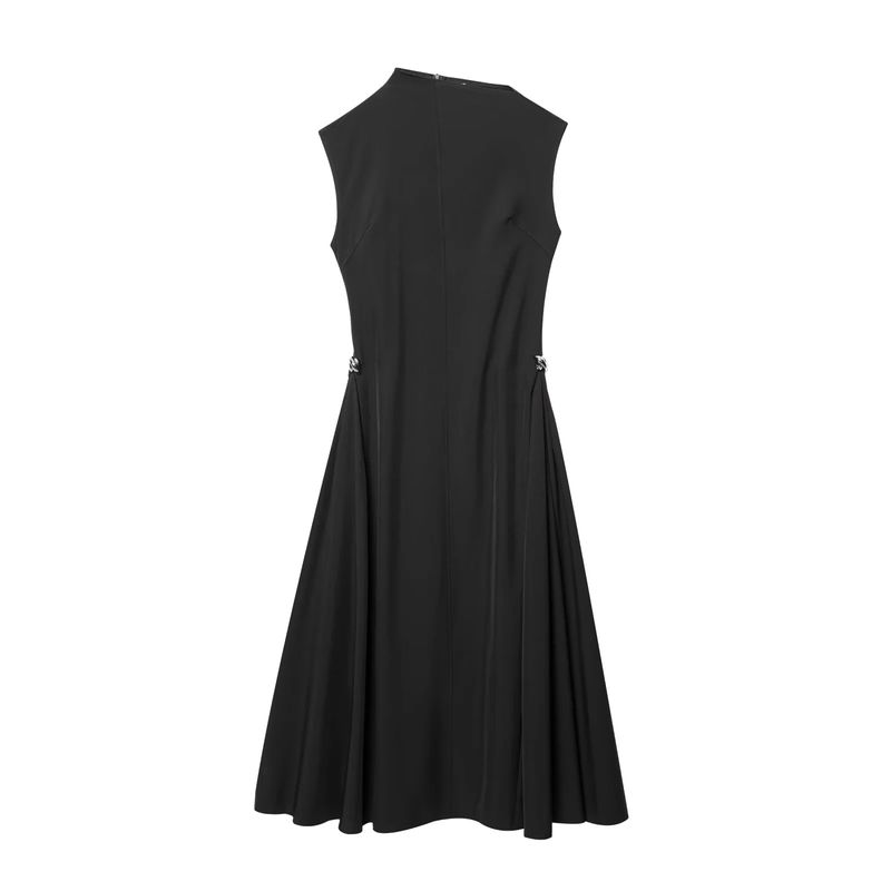 

Summer New Product Women s Clothes French Stand Collar Sleeveless Metal Decoration Elegant Swing Long Irregular Dress Black L