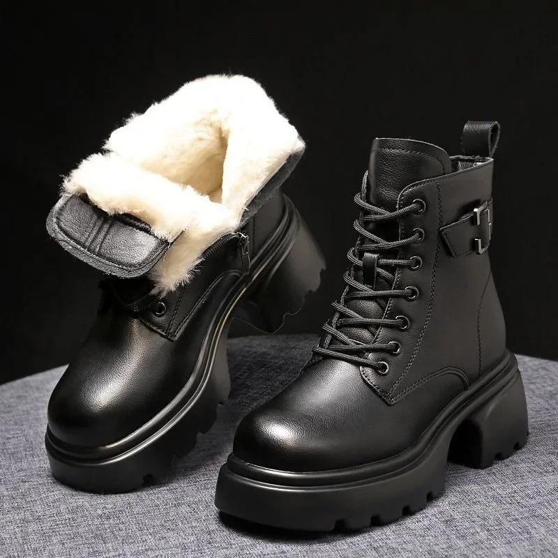 Snow Boots Women's Winter Genuine Leather Wool Cotton Boots Thick Soled Short Boots Warm Cotton Shoes