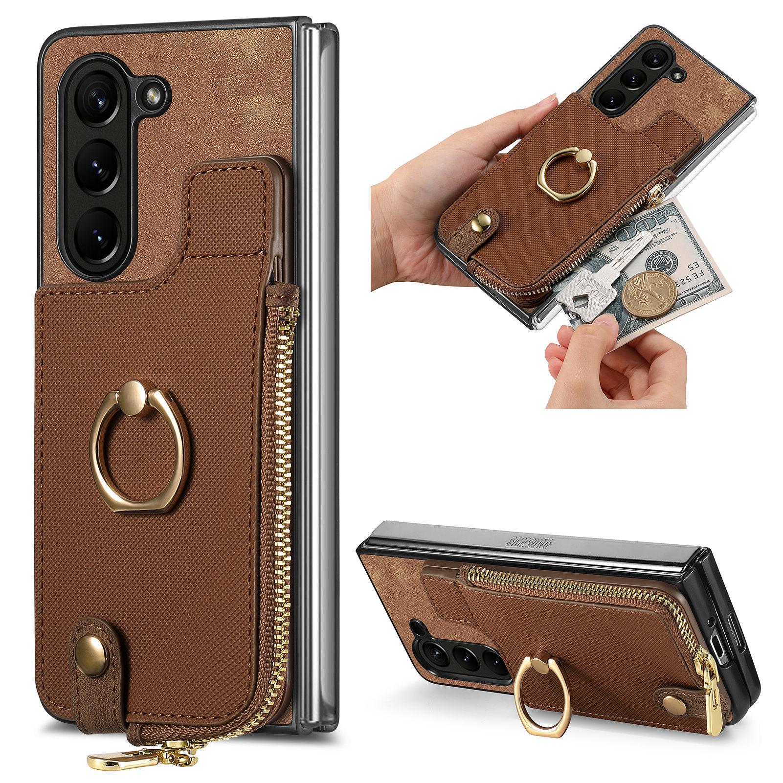 

For Samsung Galaxy Z Fold6 5G Case Zipper Pocket Ring Holder Leather+PC Phone Cover Brown