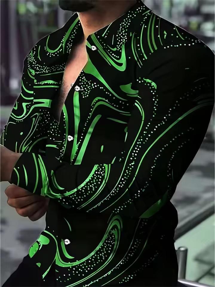 Men's Shirt Fashion Vintage Street Texture Print Shirt Men's Long Sleeve Lapel Shirt