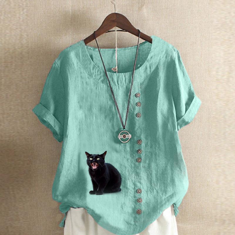 Damenmode, T-Shirt mit schwarzem Katzen-Print, kurzärmelig, lockeres Baumwollhemd, lässige Sommerbluse, Tops, Übergröße