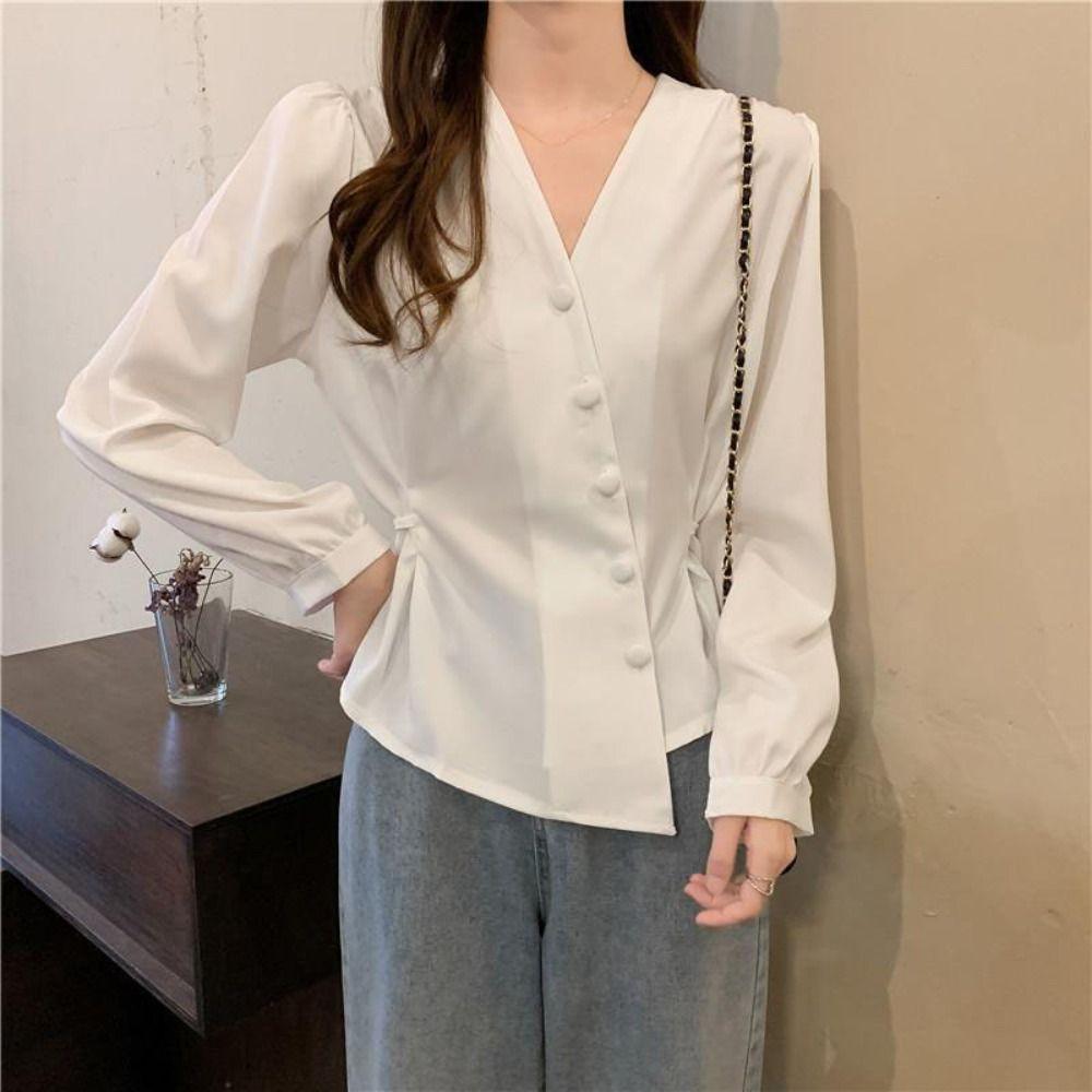 V-neck Long Sleeve Shirts Slim Fit Button Up Blouse Chic Office Ladies Tops Office
