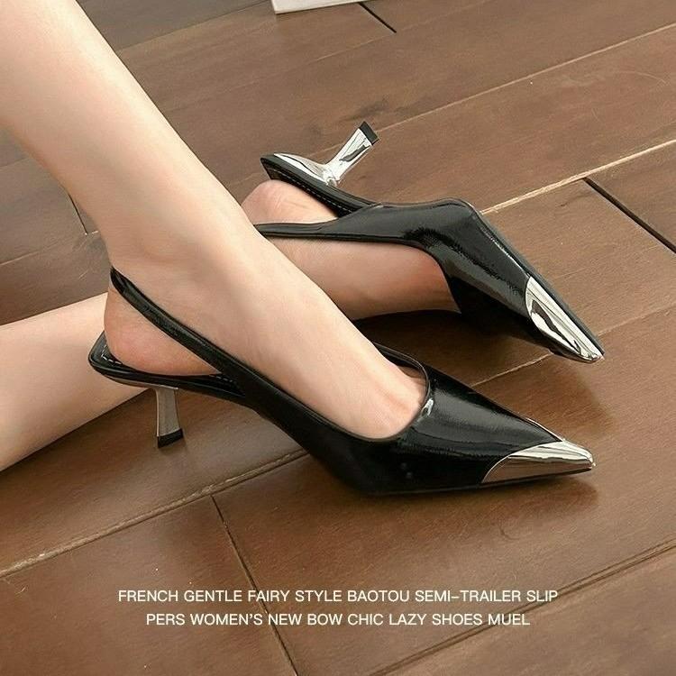 Black High Heels Stiletto 2025 New Single Shoes Patent Leather Bag Head Temperament Sandals Women's Summer