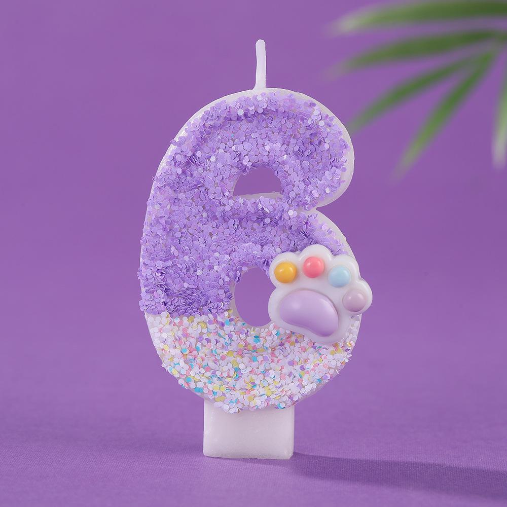Dreamy Purple Gradient Cat Paw Number Candles - Creative Cartoon Cake Decorations