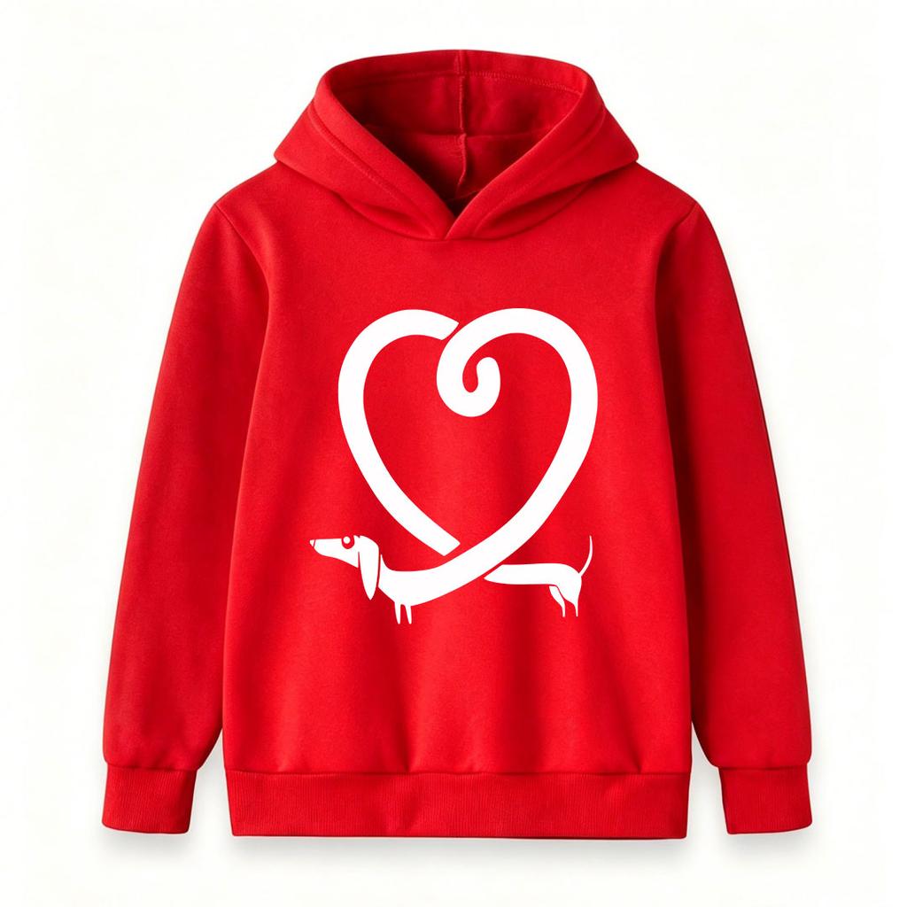 Kids Boys Girls Pullover Hoodie, Cute Dachshund Heart Print Soft Casual Long Sleeve Hooded Sweatshirt for Daily Wear, School and Outdoor Activities