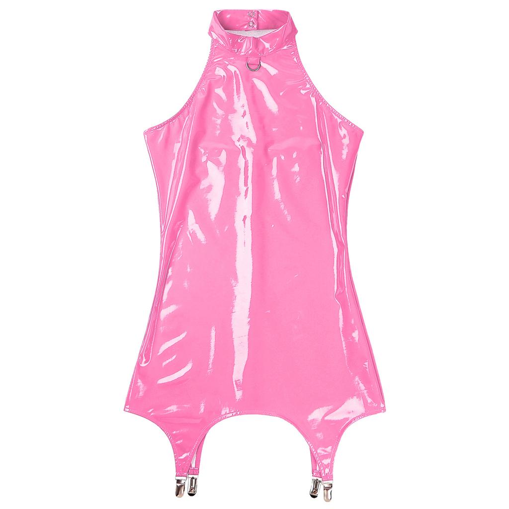 Club Dresses for Women Sleeveless Mini Dress Lingerie Glossy Patent Leather Bodycon Dress with Garter Clips