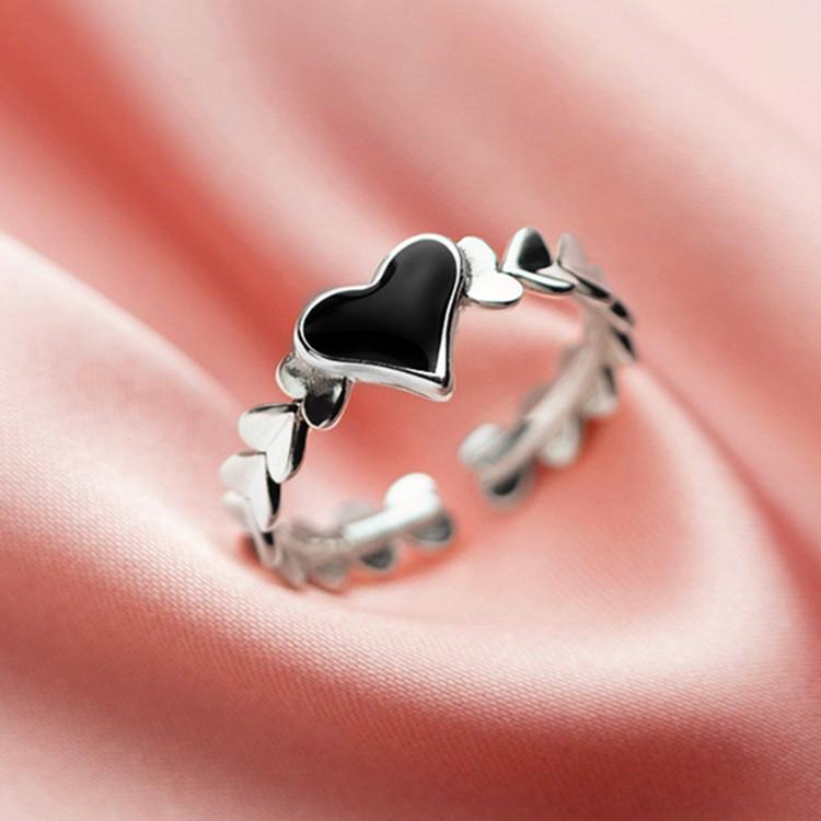 New Sweet Epoxy Black Love 925 Sterling Silver Jewelry Temperament Cute Heart Shape Fashion Opening Rings TYB043