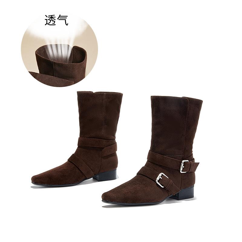 

New retro suede short boots 2025 autumn and winter foreign style Martin boots casual pointed western denim buckle belt women s boots tide 40 кофейный