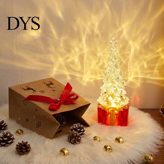 Christmas Party Atmosphere Decor Mini LED Light Up Faux Crystal Tree Figurine, Lighted Xmas Safe for Children Table Centerpiece with Gift Box