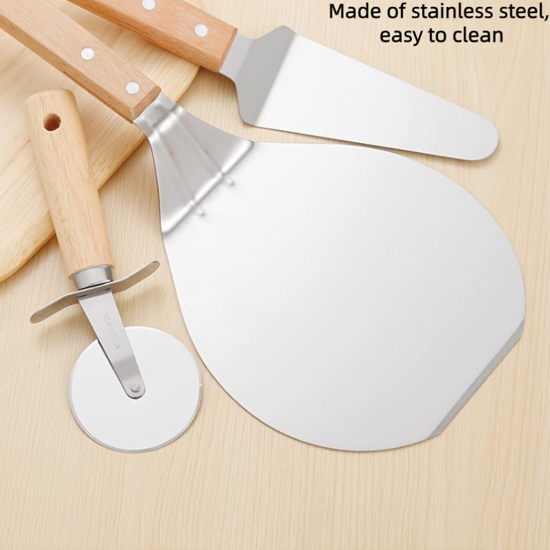 3-piece Sustainable Stainless Steel Pizza Peel Cutter Wooden Handle Large Pizza Shovel Steak Pancake BBQ Pan Cake Transfer
