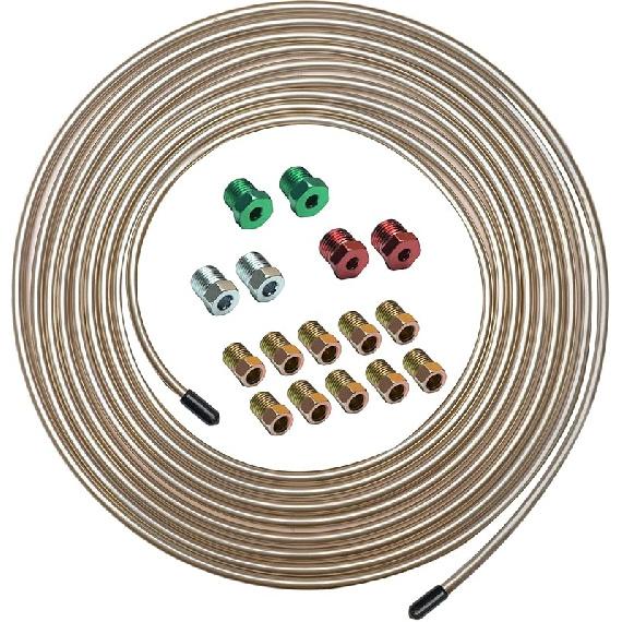 25 ft 1/4 True Copper-Nickel Alloy Brake Line Kit Complete Replacement Brake or Fuel Tubing (Includes 16 Fittings), Easy to hand bend (.028) Wall