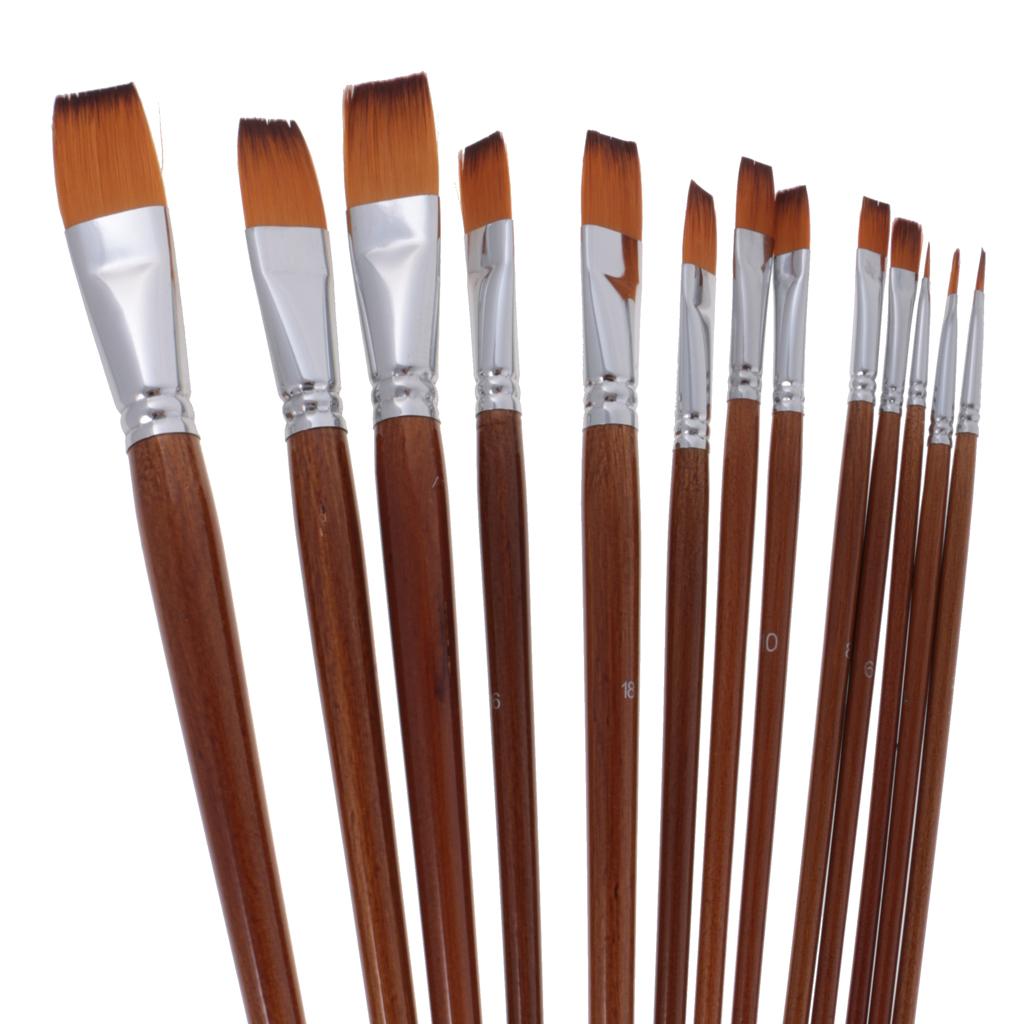13 Pieces Artists Paint Brushes Set Wooden Handle Nylon Hair