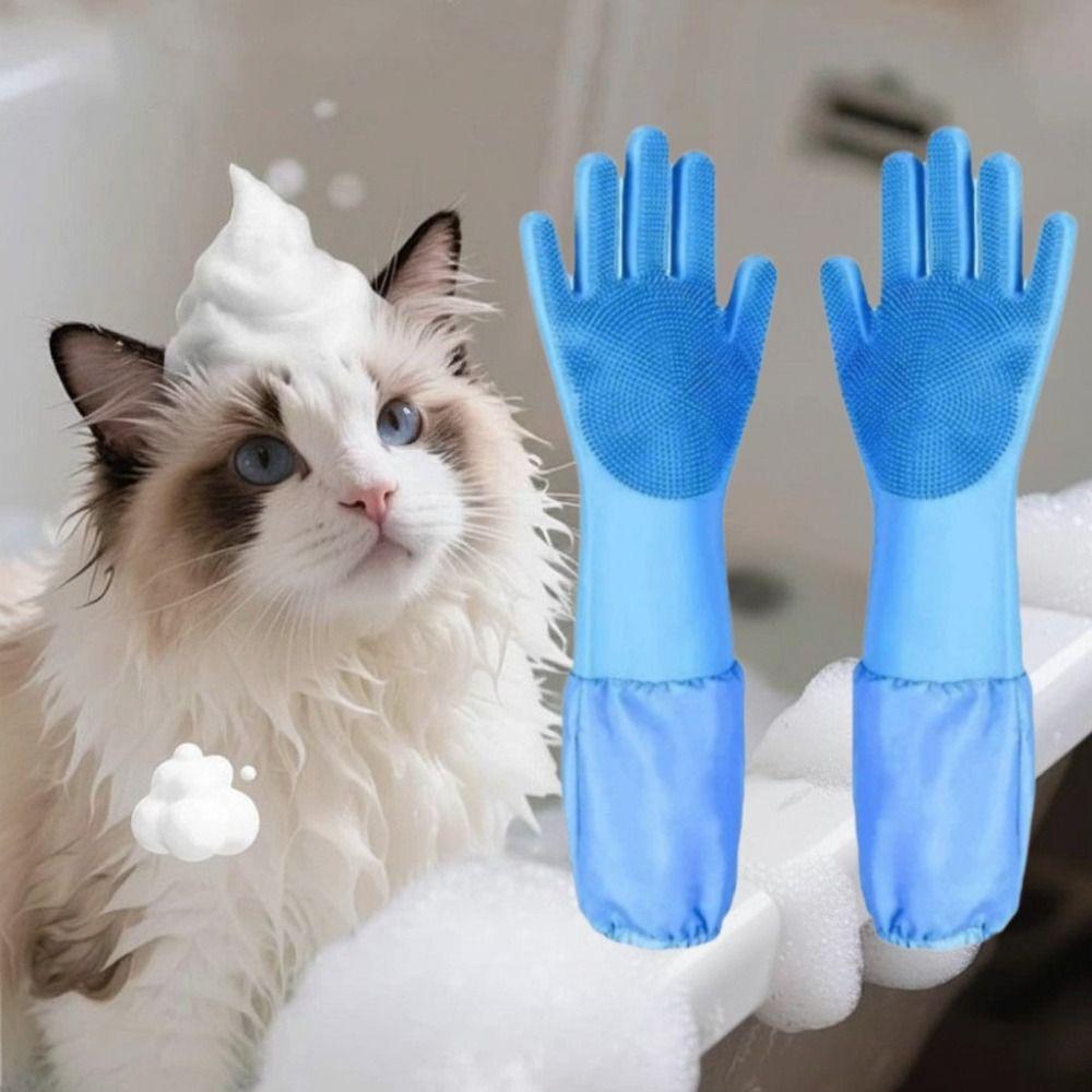 Soft Silicone Pet Grooming Cleaning Gloves Lengthen Anti Bite Dog Cat Bathing Shampoo Glove Dog Massage Bathing Cleaning Glove