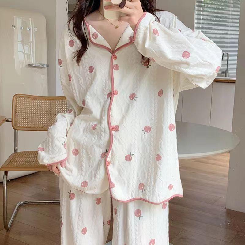 Herbst Koreanische Frauen Pyjamas Süße Nachtwäsche Prinzessin Homewear Rüschen Lange-Ärmeln Bequeme Loungewear Zwei-stück Set Homewear