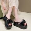 Mode Damen Schleife Klobige Hausschuhe Sommer Damen Strand Flip-Flops Keilabsätze Outdoor Sandalen Frau Hohe Plateau Lederschuhe 8CM