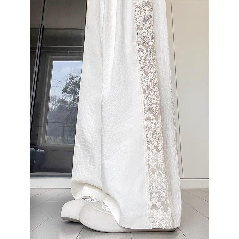 Plus Size Women s Lace Patchwork Casual Autumn High Waist Loose Wide Leg Ice Silk Pants L
