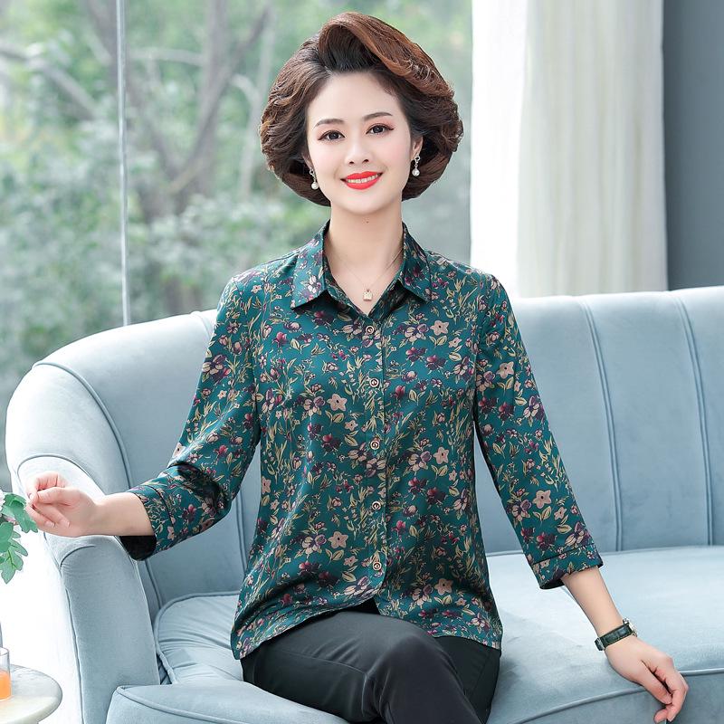 

Maternity Floral Mulberry Silk Top - Loose Plus Size, 3/4 Sleeve, Summer Fashion for Mother-in-Law 3XL (for 120-135 jin) зелений