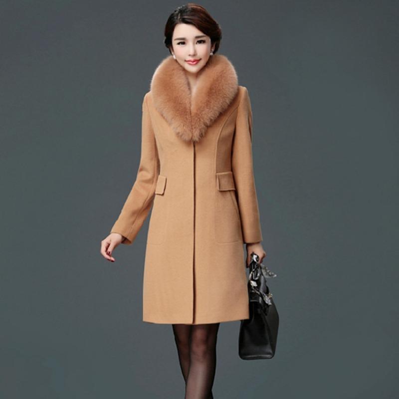 

New woolen women s coat medium and long woolen fur collar trench coat, slim and thin M хаки