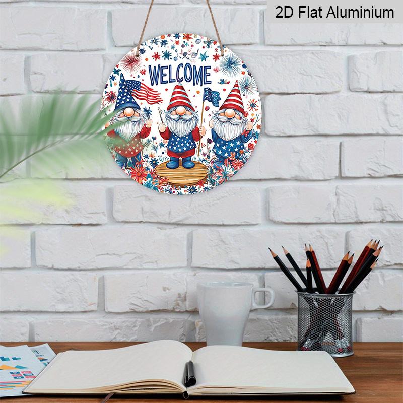2D Flat, 1pc 4th of July Wreath Gnome Welcome Door Decor, Patriotic Bow Round Aluminum Decorative, American Star Flag, Weatherproof Metal Wall Decor