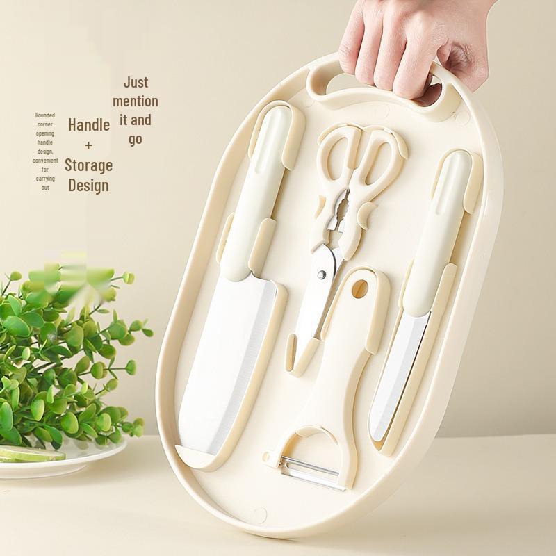 Stainless Steel Kitchen Knife Set with Cutting Board and Storage, Ideal for Baby Food and Dormitory Use