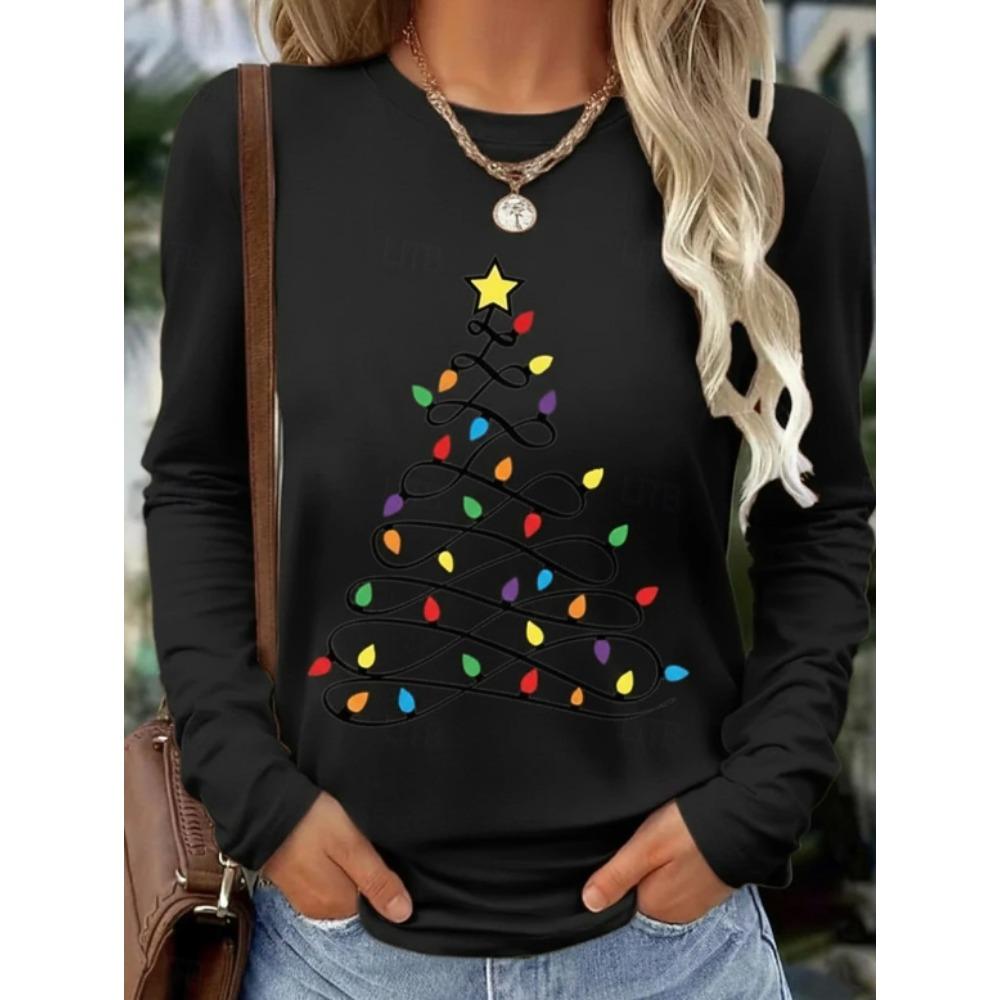 Tops for Women Christmas print Round Neck Long Sleeve T-shirt Fall Casual Slim Pullover Women's Long Sleeve Top