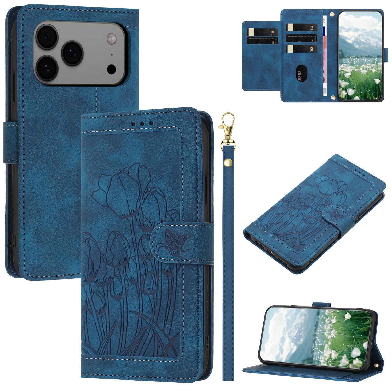

For iPhone 17 Pro Max Case Tulip Leather Phone Cover with 5 Card Slots Wallet Blue
