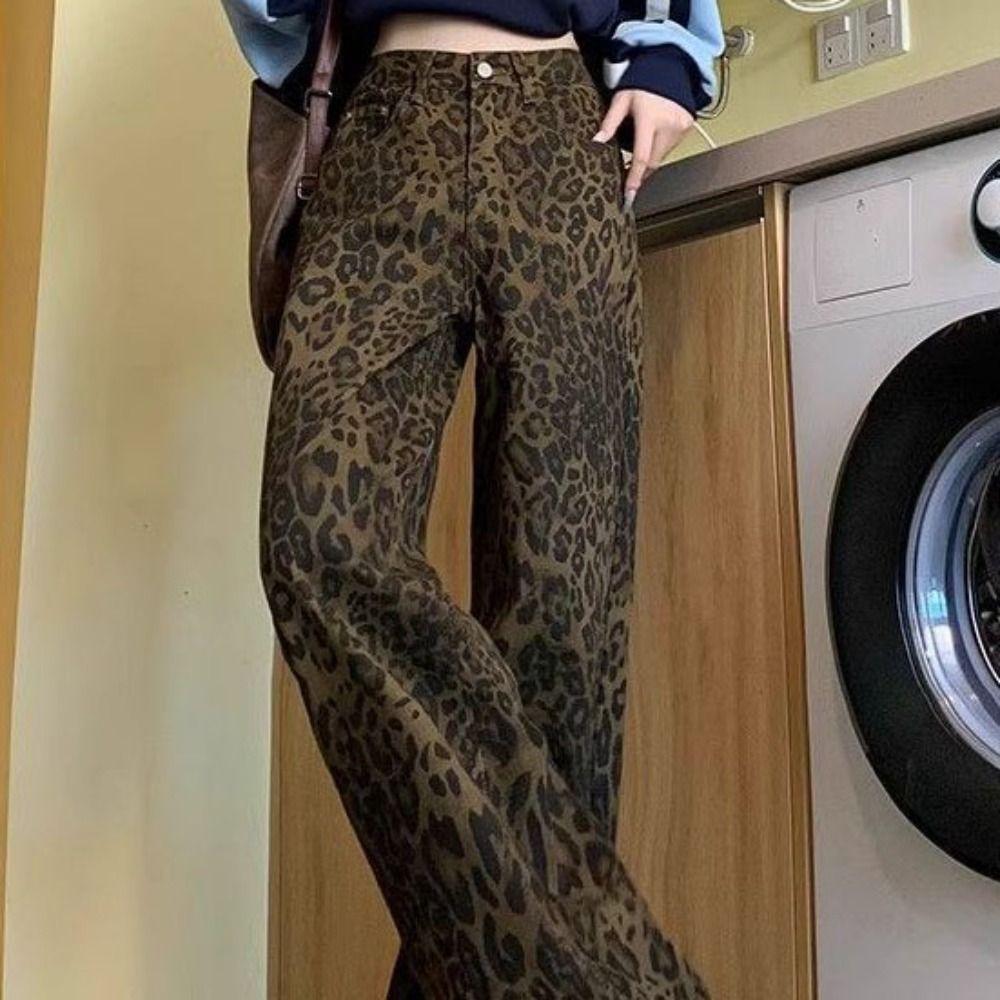 Baggy Leopard Print Jeans Straight Leg Cowboy Pants Fashion Jeans Women Y2k  Lady