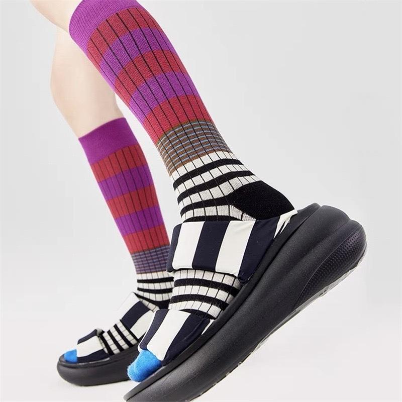 Women's Spring and Autumn Fashion Retro Collision Color Stripe Thin Long Tube Stack Socks