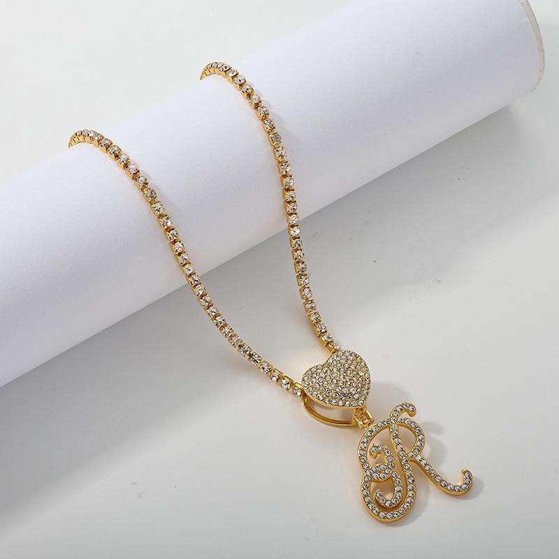 26 Flower Letter Necklace: Hip Hop Heart Pendant with Full Diamond Inlaid Tennis Chain for Women