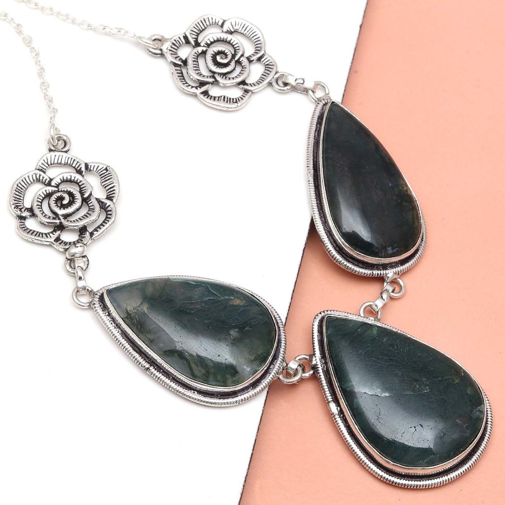 Naszyjnik z kamieni szlachetnych z agatu mchowego na Dzień Matki, ręcznie robiony, srebrny, 20 cali