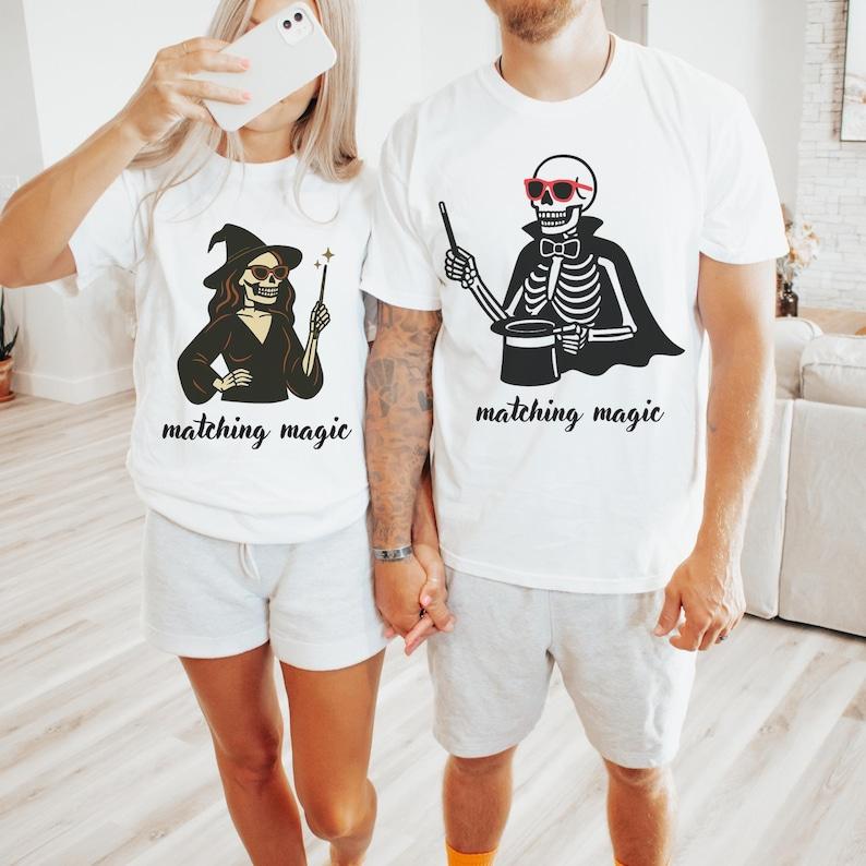 Matching Magic Skeleton Couple Shirt Cute Halloween Tshirt For Couples Fall Spooky Season Outfit For Him And Her Ghost Love Tee