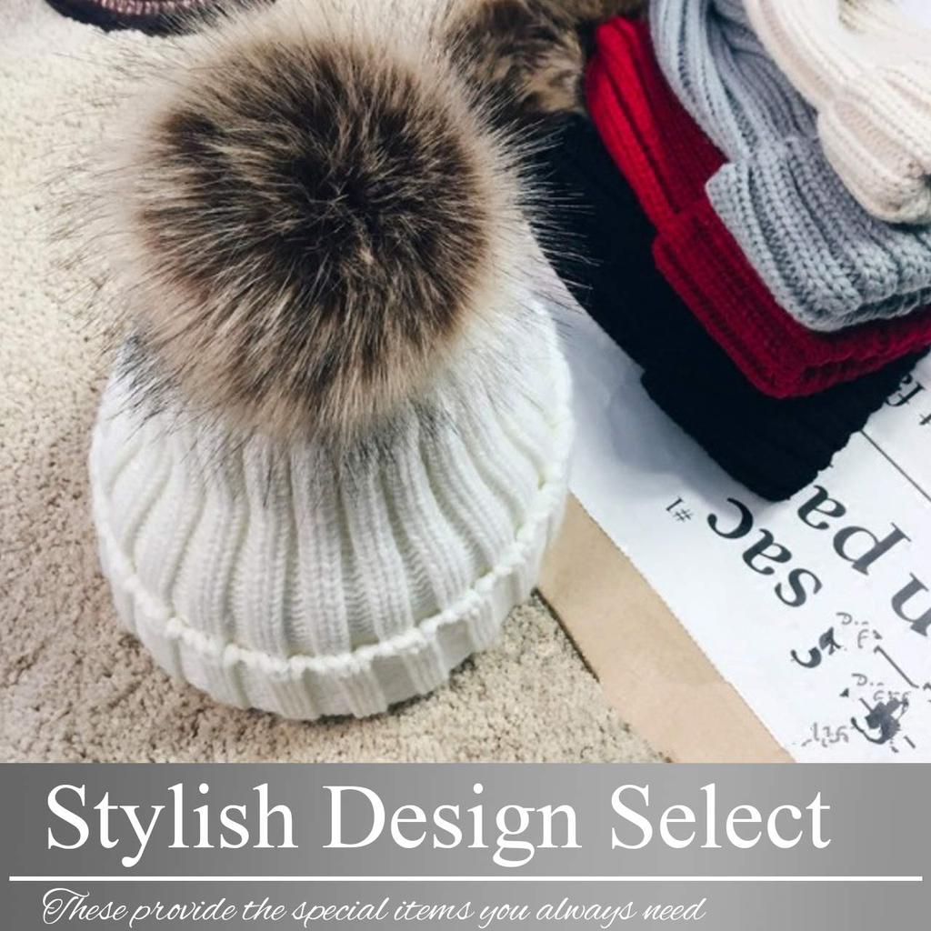 BUZZxSELECTION Women's Knit Hat with Fur Trim, Pom-pom Detail, Winter Warmth, CAP113 (01 Black)
