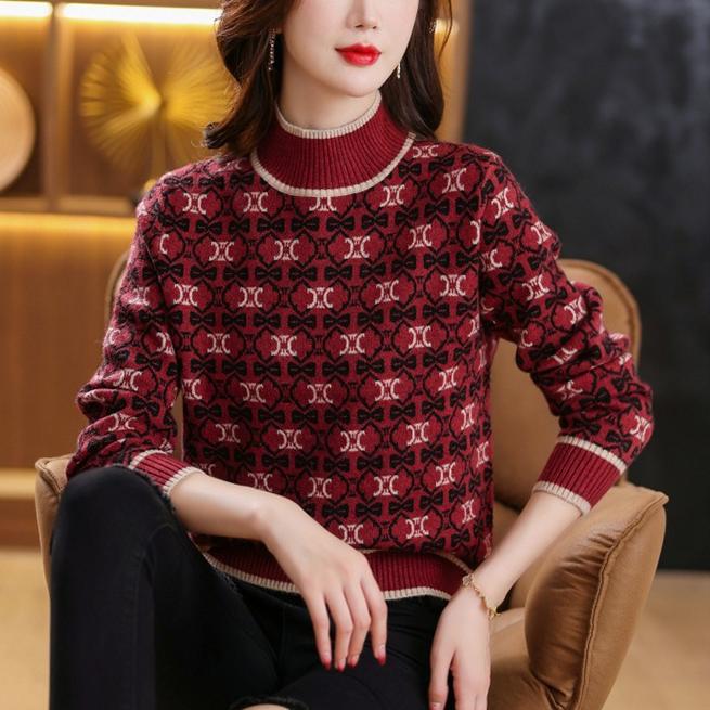 Half Turtleneck Color-blocking Sweater for Women In Autumn and Winter Jacquard Knitted Sweater Floral Casual Long-sleeved Pullover