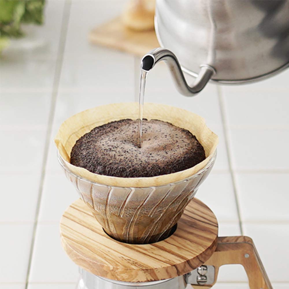HARIO V60 Heat-Resistant Glass Coffee Dripper, Olive Wood 01, for 1-2 Cups (VDG-01-OV)