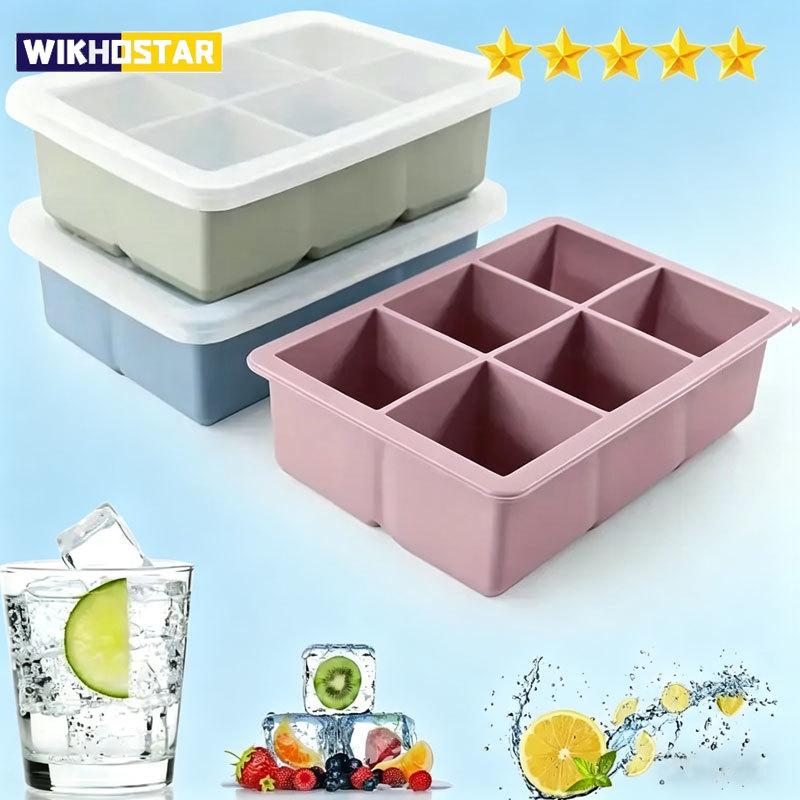 Large Ice Cube Tray with Lid 6 Cavities Flexible Food Grade Stackable Square Silicone Ice Cube Mold for Ice Drinks Whiskey