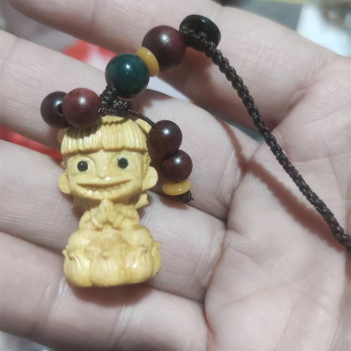 Nezha Phone Charm Keychain: Red & Green Sandalwood Carving
