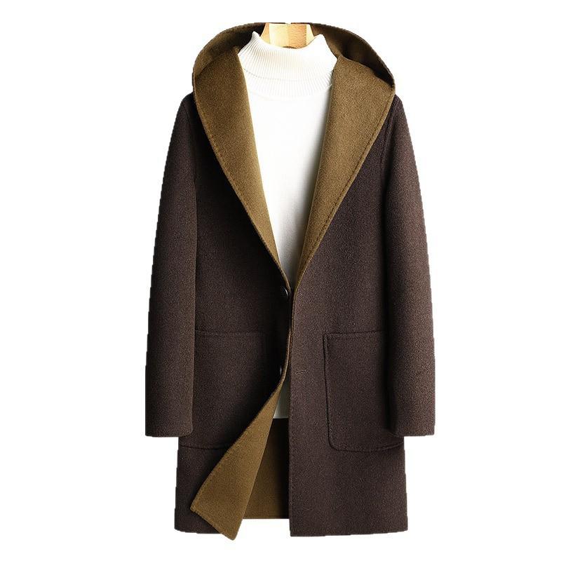 Mens Double-Sided Wool Blend Overcoat Hooded Mid-Length Thick Winter Coat