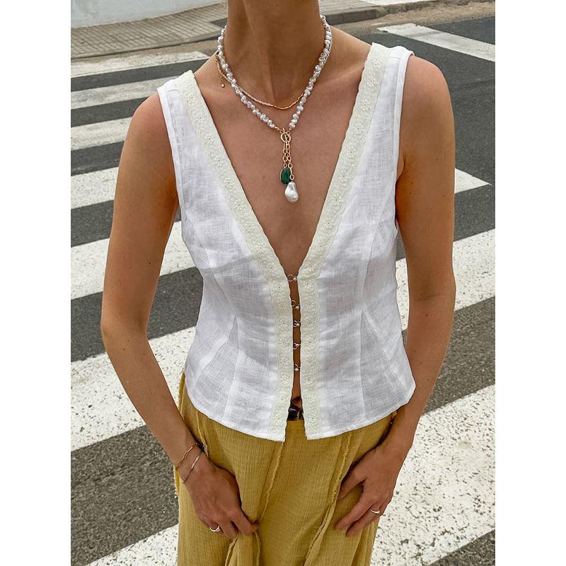 

European and American Ladies Vest Casual Stitching Lace V Neck Sleeveless Tops 2025 Summer Exquisite and Versatile Stylish White L(Suggested 57.50 kg-62.50 kg)