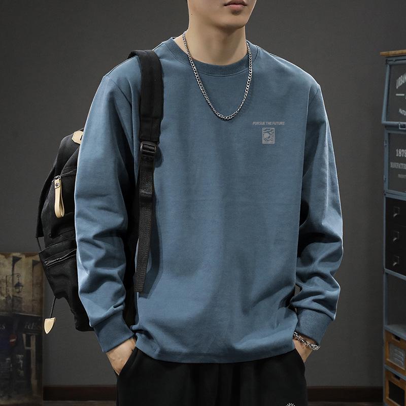 Autorización: Camiseta Base de Algodón Pesado de Manga Larga para Hombre Otoño 2025, Sudadera de Cuello Redondo de Corte Holgado