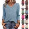 Women's Fashionable Color V-neck Seven Quarter Sleeve Casual Top