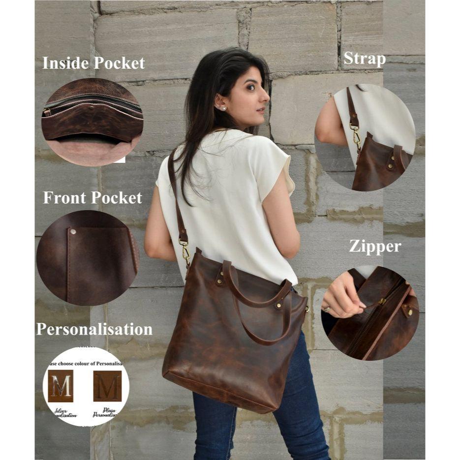 Brown leather tote bag for woman large work purse shopper bag handmade office bag gift for mothers day gift for mom girlfriend personalize