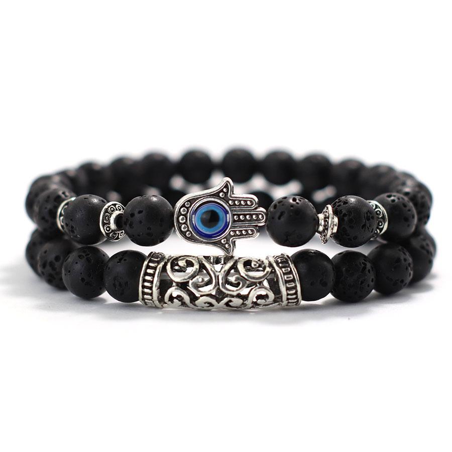 Retro Fatima Hand Bracelet Set Men 8mm Volcanic Rock Tiger Eyes Sodalite Stone Energy Healing Braslet Gourmette Homme Pulseria