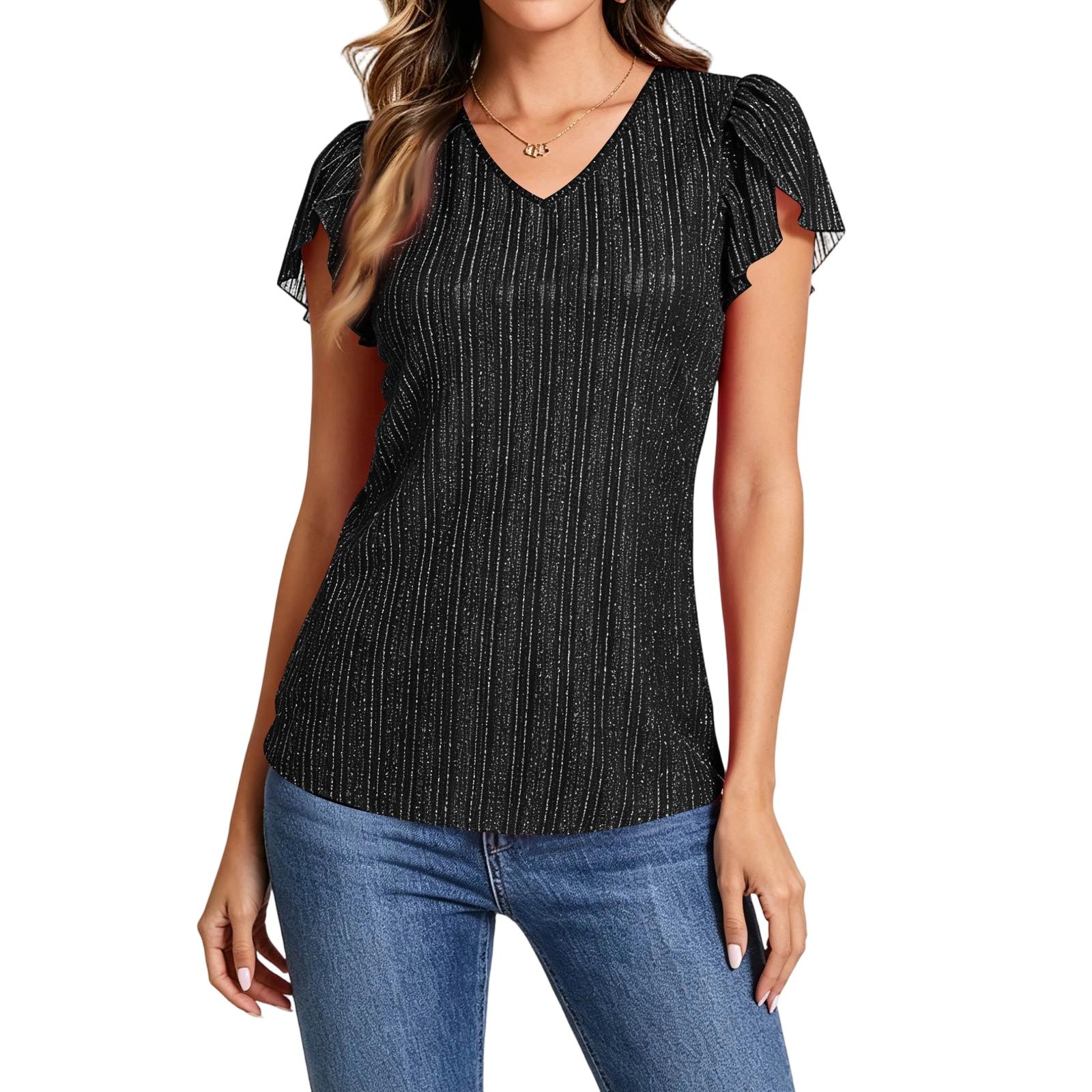 Women s Flare-Sleeve Sequin-Embellished Fitted V-Neck -Color Loose-Fit T-Shirt L