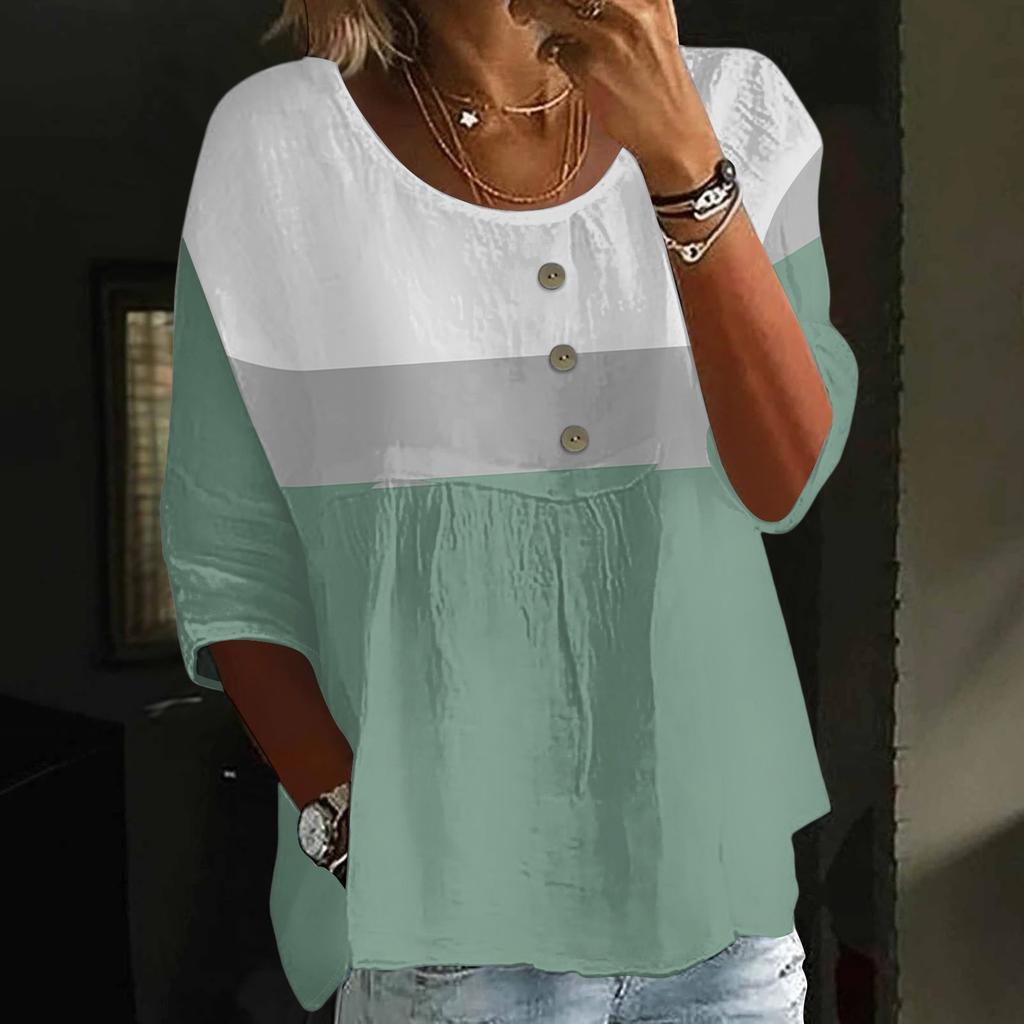 Damen Casual Mode Dreiviertelarm Locker Rundhals Knopf Karoprint Oberteil