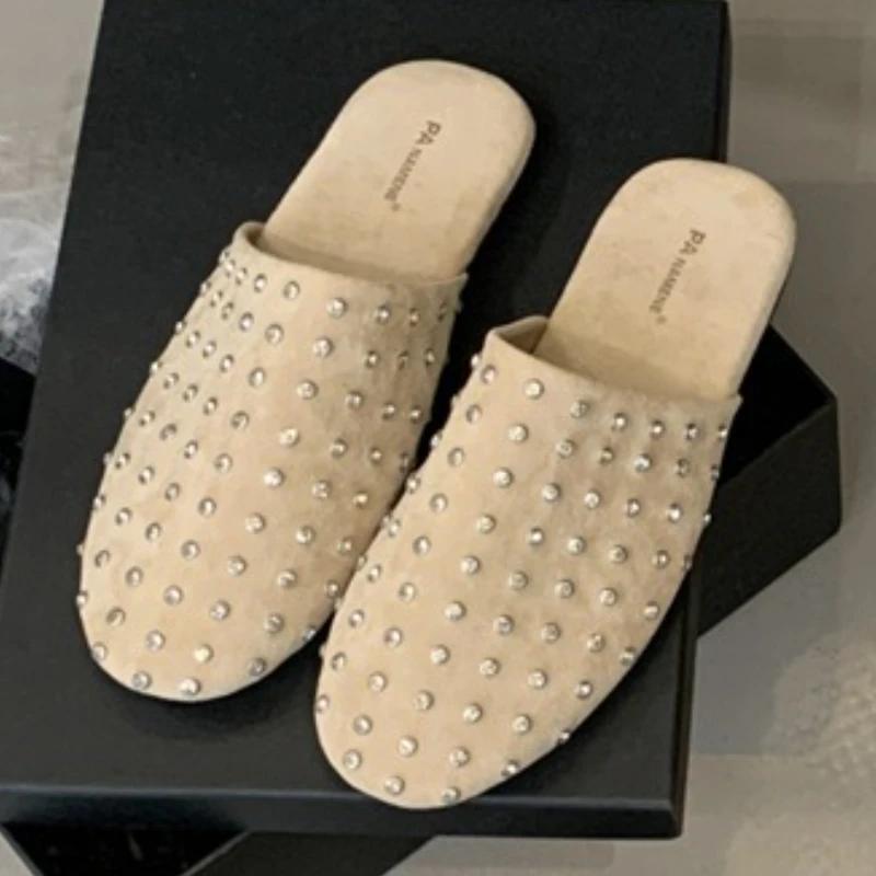 Fashion High Quality Faux Suede Flat Slippers Women Luxury Rhinestone Round Toe Design Casual Shoe Comfort Moccasin Brand Designer Shoes