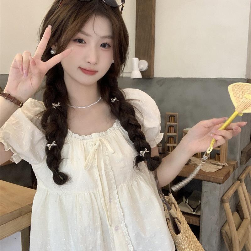 Korean Puff Sleeve Petite Women s Summer Blouse - Short Doll Style French Top S (for 80-95 lbs)