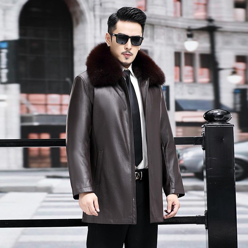 

Осенние и зимние куртки из натуральной кожи для мужчин, деловые повседневные, высококлассные, модные куртки из натуральной кожи с воротником из лисьего меха XL