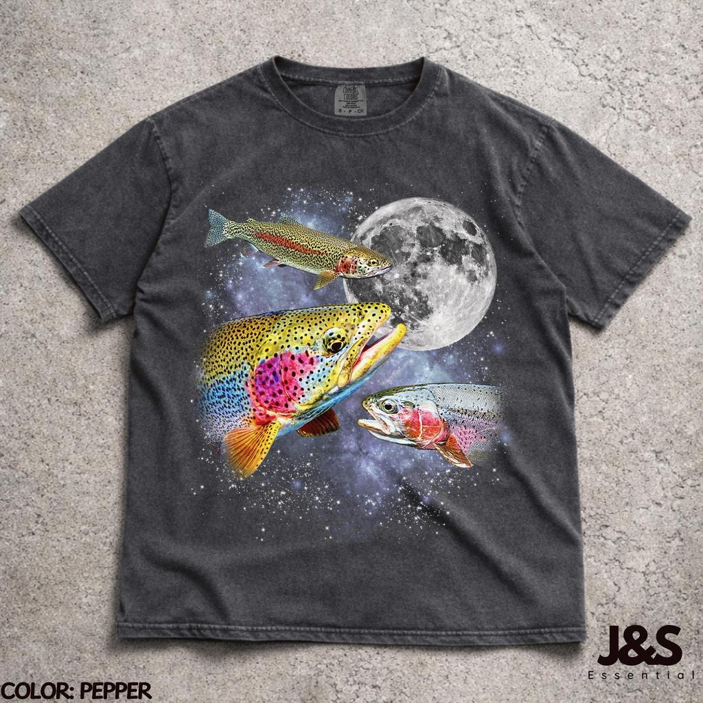 Three Rainbow Trout Moon Shirt, Oncorhynchus Mykiss Galaxy Tee, Fishing Hobbyist Gift, Vintage Wash Retro Fish Top, Angler Lover Graphic